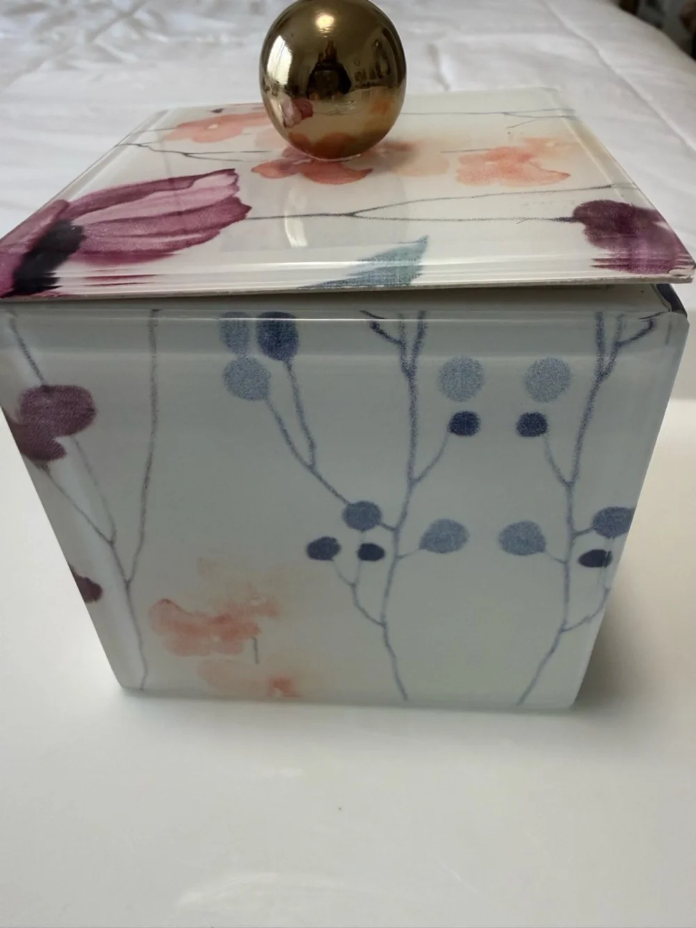 Floral Decorative acrylic Storage Box with Gold Knob & leather lining.